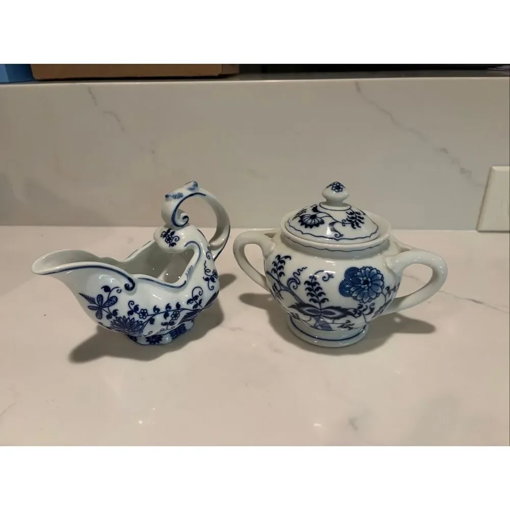 Vintage Onion pattern blue and white Gravy Boat and Sugar Bowl
